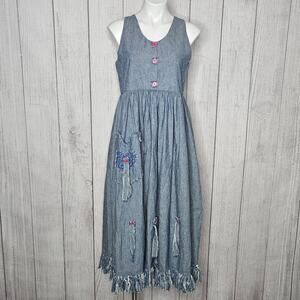 VTG Handmade Denim Dress with Fringe Hem, Heart Pocket & Buttons, size Small